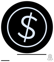 Prominent dollar sign inside a bold black circle with a simple ribbon emblem. Ideal for finance, business, investment, banking, commerce, economics, budgeting, simple landing page