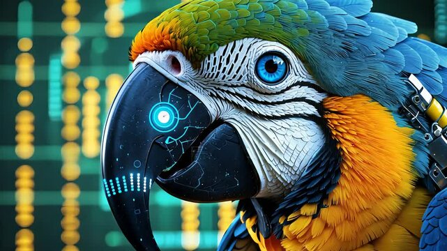 Colorful Parrot with Cybernetic Eye and Blue Glow against Digital Grid Background in Futuristic Wildlife Scene