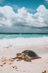 Sea Turtle Emerges on Sunny Beach Under Vibrant Sky and Foamy Waves.