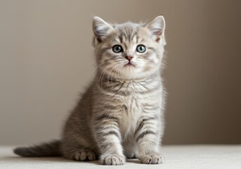Obraz premium Adorable gray tabby kitten sitting and looking forward