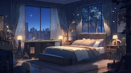Serene bedroom at night, with plush bed, nightstands, potted plant, desk, bookshelf, and large windows with city view.
