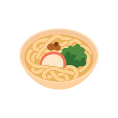 Bowl of udon noodles. Thick ramen noodles in broth. Illustration is ideal for use in digital menus, Japanese cuisine, or food-themed designs. Vector isolated on a white background.