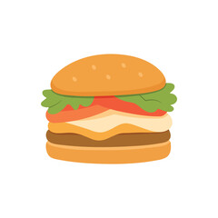 Classic cheeseburger. Burger with sesame seed bun, lettuce, tomato, cheese, and a meat patty. Fast food icon for restaurant menus, mobile apps, websites, food delivery platforms. Isolated on white.