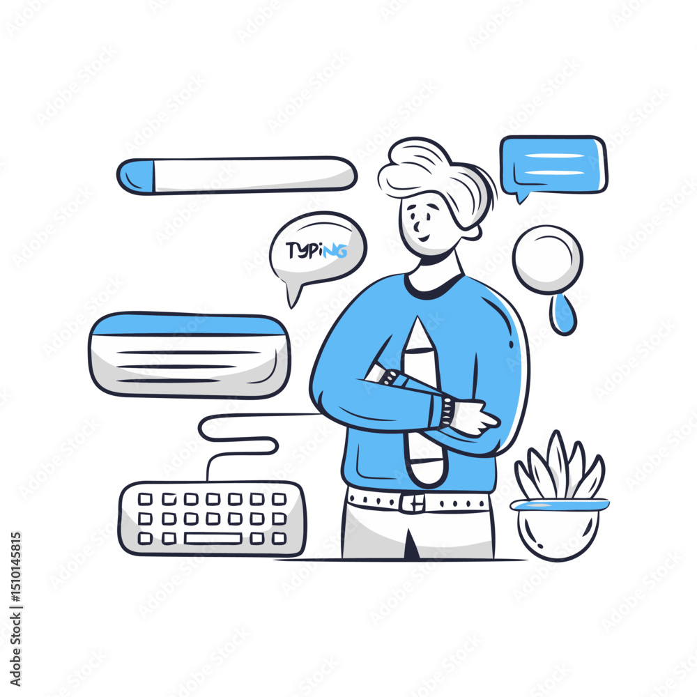 Poster illustration of a man typing and working with a computer in a digital environment
