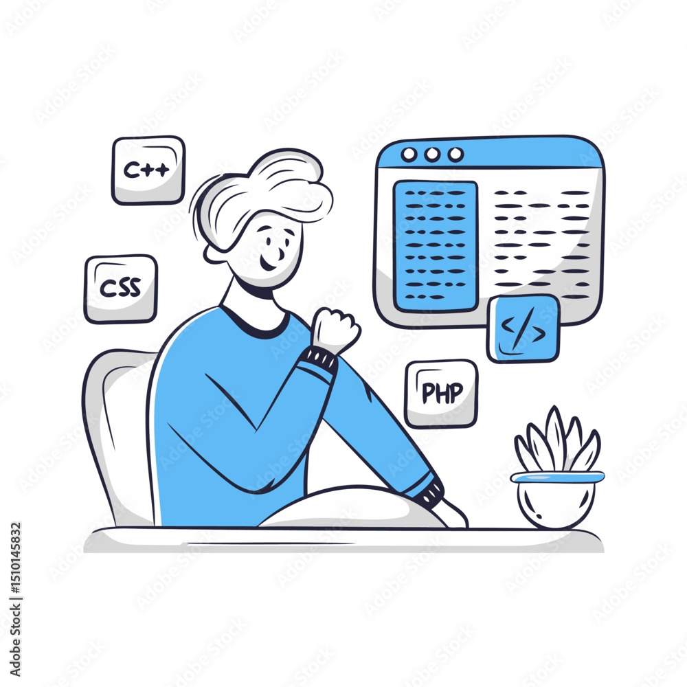 Poster a cartoon programmer surrounded by code languages and a plant sitting at a desk working hard