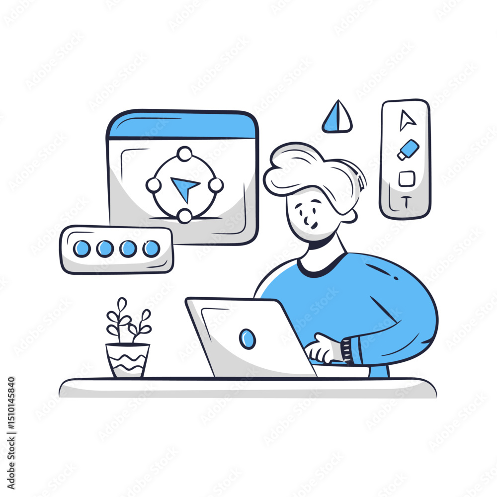 Poster man working on laptop with design tools and location application interface illustration art design 1