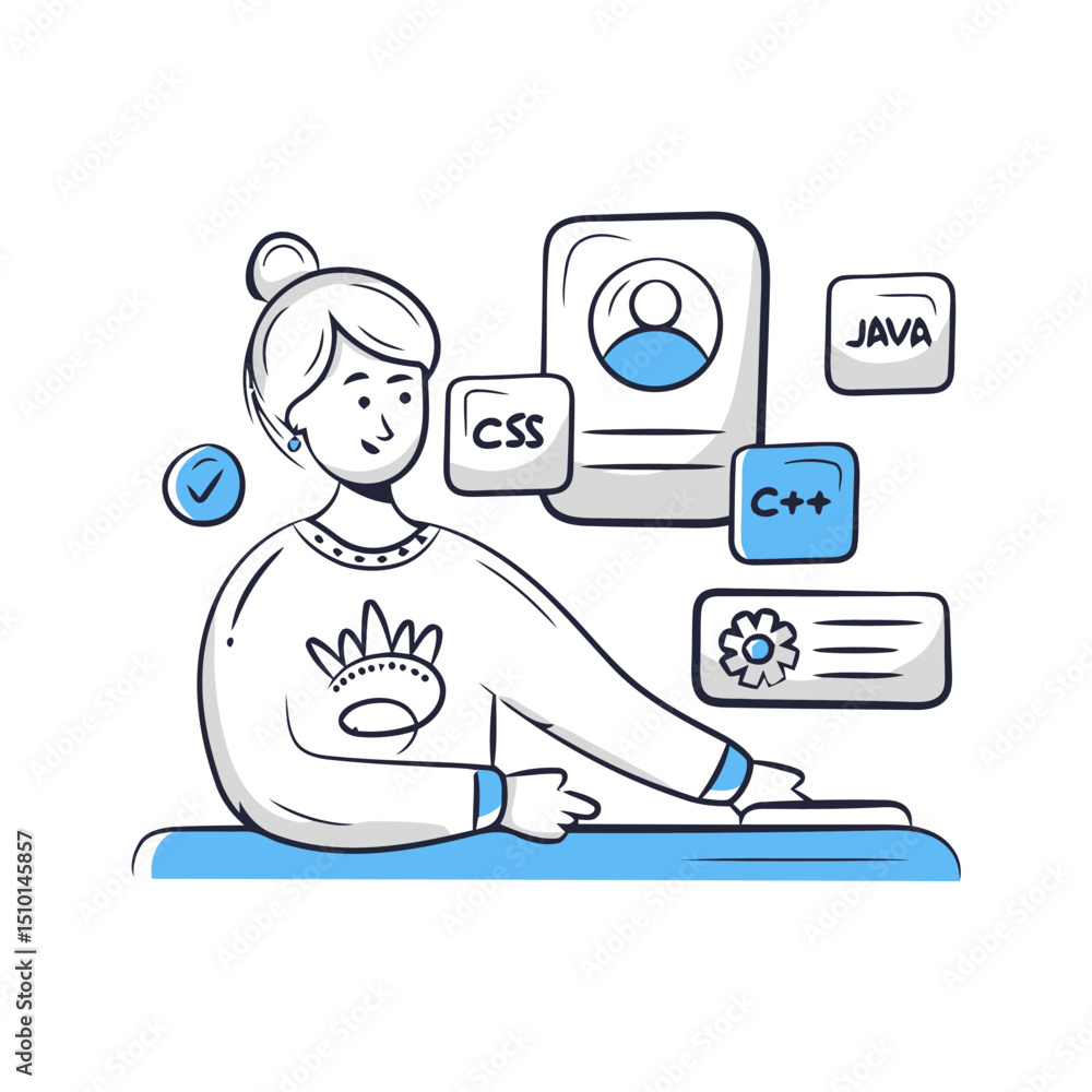 Poster illustration of a woman coding with java css c++ and profile icons and a flower icon around her