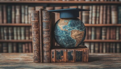 Graduation cap for global business studies features an earth globe, symbolizing education in an international setting and language learning in universities around the world