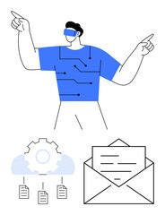 Man wearing VR glasses gesturing upwards, circuits on shirt. Below, icons of letter, gear cloud, documents. Ideal for technology, automation, communication cloud storage AI innovation futuristic