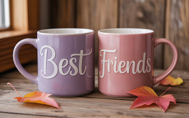 Two Coffee Cups on Wooden Table Concept of  Best Friend day Celebration