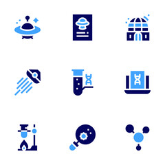 Science icon set. Bold style. Duotone colors. ufo, observatory, test tube, laptop, lab, virus, molecules
