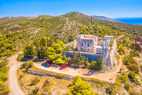 Aerial view of the Napoleon Fortress on Hvar Island, Croatia, perched on a hilltop above the town of Hvar, offering panoramic views of the Adriatic Sea, and Pakleni Islands