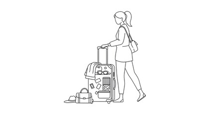 Young Woman with Suitcase and Travel Accessories in Casual Outfit Preparing for Trip
