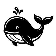 Cute Cartoon Whale Spouting Water - Black and White Vector Illustration