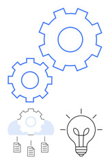 Interconnected gears, cloud with 3 document icons, and light bulb illustrating teamwork, data management, efficiency, automation, creativity, problem solving and technical innovation. Flat simple
