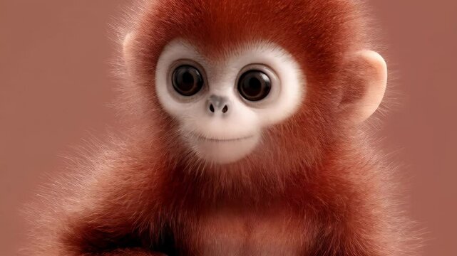 Portrait of a young Langur monkey with fluffy reddish-brown fur and white face in close-up, looking contemplative