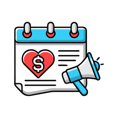 Donation campaign icon with calendar and megaphone.