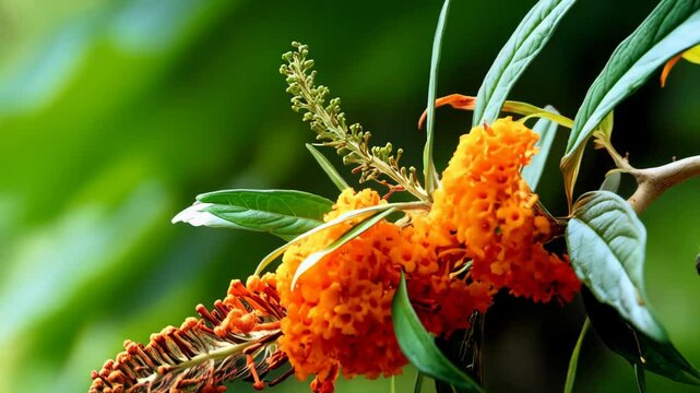 Close-up view of vibrant orange Butterfly Bush flowers blooming on a branch with green leaves against blurred green background.