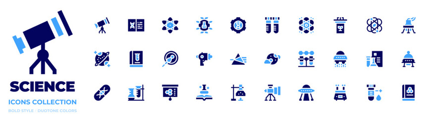 Science icon collection. Bold style. Duotone colors. telescope, research, atom, science, genetic engineering, test tube, lectern, flask, saturn, prism