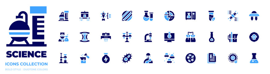 Science icon collection. Bold style. Duotone colors. nuclear, house, fish, saturn, laboratory, geology, microwave, tube, scientist, wormhole, ufo, flask, dna