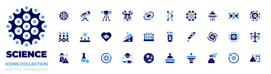 Science icon collection. Bold style. Duotone colors. hpv, telescope, space capsule, galaxy, dna, fat, ufo, molecule, solar system, genetic modification