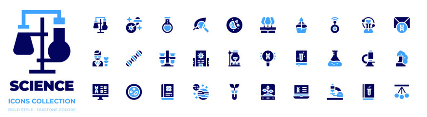 Science icon collection. Bold style. Duotone colors. laboratory, ufo, flask, leaf, destroyed planet, science, bunsen burner, spy, envelope, scientist