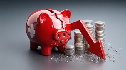 Piggy bank with broken chart arrow and silver coins, symbolizing savings loss and economic downturn Image 4K UHD