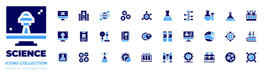 Science icon collection. Bold style. Duotone colors. dna structure, research center, planet, red blood cells, structure, ultra chlorine, genetic
