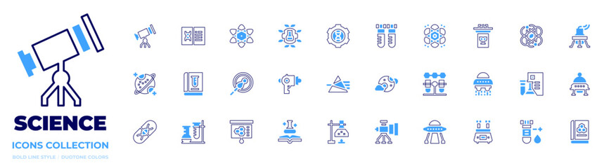 Science icon collection. Bold line style. Duotone colors. telescope, research, atom, science, genetic engineering, test tube, lectern, flask, saturn, prism