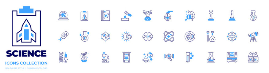 Science icon collection. Bold line style. Duotone colors. portal, report, book, test tube, research, florence flask, botany, gmo, flask, microorganism, virus