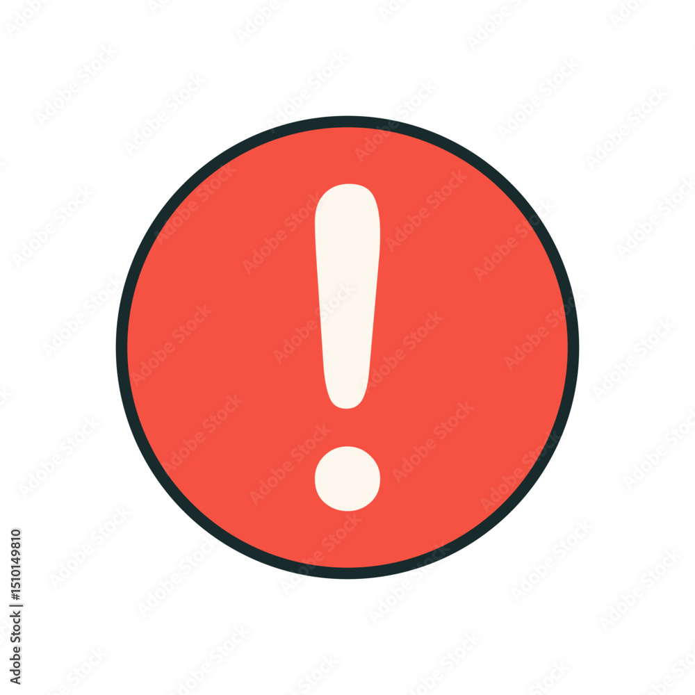Poster flat style red alert symbol featuring white exclamation point inside circular shape for caution noti