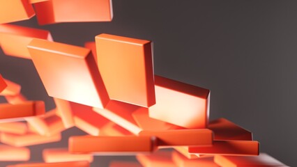 Macro 3D render of floating red tiles with glossy surfaces and soft shadows. The composition focuses on detail, texture and motion in a digital transformation scene. Ideal for abstract design, tech