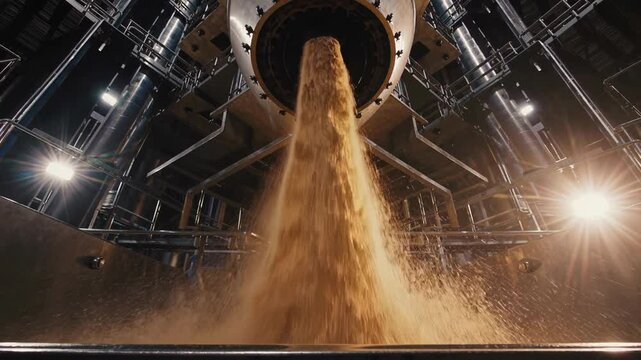 Golden malt grains pouring from industrial pipe, flowing smoothly during brewery production, showcasing raw brewing ingredient
