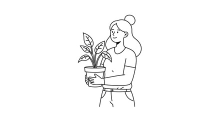 Young Woman Holding Potted Plant in Casual Outfit in Minimalist Line Drawing