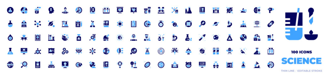 100 Science Icons Collection. Bold style. Duotone colors. lab, moon, chemical reaction, science, bunsen burner, test tube, presentation, sample tube, test