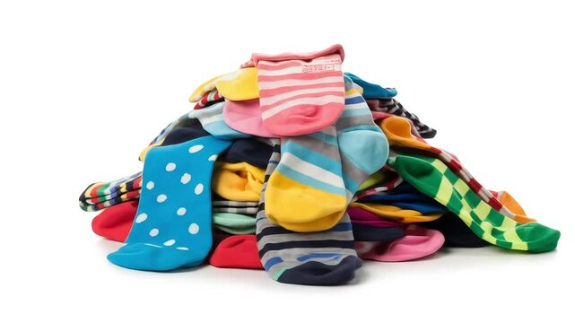 Colorful pile of socks in various patterns and colors on white background  