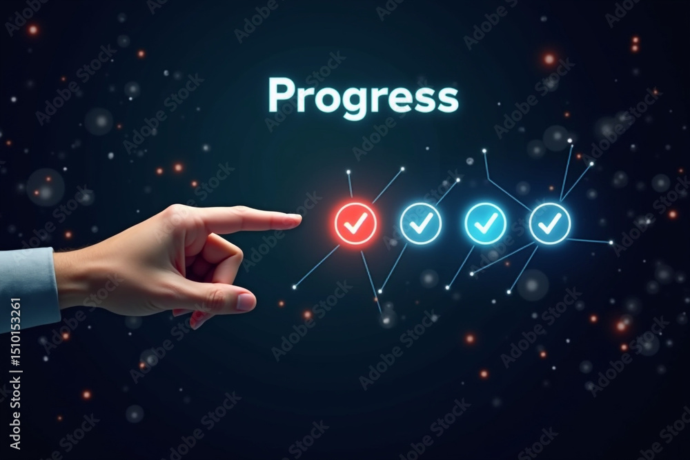 Poster businessman touches a digital progress checklist with check marks and an advancing loading bar, symb
