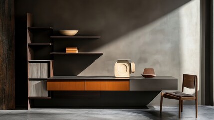 Shelving unit and console table near a dark wall with a wooden chair