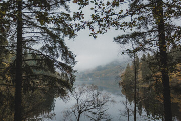Scotland. Loch Ard lake in the fall on a rainy day