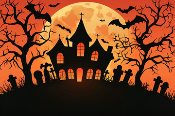 Spooky Halloween Haunted House Silhouette With Full Moon