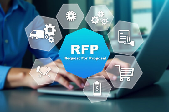 RFP, Request for Proposal Business Concept. Businessman working on laptop with icon representing Request for Proposal (RFP) process, including procurement, bidding, contract management, and logistics.