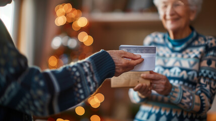 Elderly couple smiling with social security documents in hand, soft natural light highlighting warm expressions, shallow depth of field emphasizing their connection