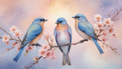 Obraz premium Three Colorful Bluebirds Resting Among Pink Blossoms on Spring Morning, A serene illustration of three vibrantly hued bluebirds perched on blooming cherry branches against a dreamy pastel sky backdrop