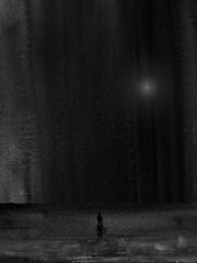 A man stands alone in an empty space under a night sky and a single star.