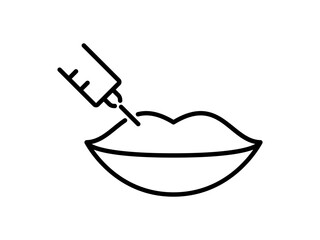 Lips with an injection line icon. Lips augmentation procedure. Beauty and cosmetic industry concept. Hyaluronic acid filler. Aesthetic or plastic correction surgery. Black symbol. Vector illustration 