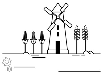 Windmill surrounded by corn and wheat fields, symbolizing agriculture, crop production, and renewable energy. Ideal for farming, sustainability, rural life, renewable resources, eco-friendly