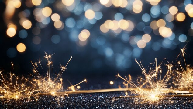 New Year Celebration features an elegant nighttime party invitation with a golden frame, sparkling sparklers, and bokeh lights on a dark texture