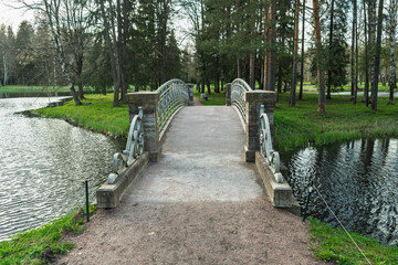 Stone pedestrian bridge leads into peaceful forest path over quiet river, capturing tranquil moment in lush green park during daylight.
