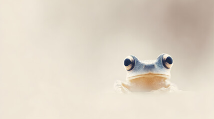 A cheerful frog glances toward the camera, its large eyes reflecting soft front lighting. The image uses shallow depth, focusing on the frog while the background fades into smooth, desaturated tones.