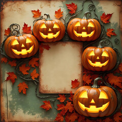 Old paper with pumpkin ghosts and leaves